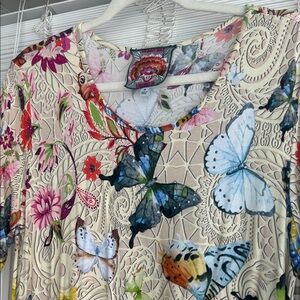 Johnny Was Multicolor Floral Butterfly Asymmetrical Dress